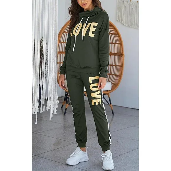 Stylish Women's Athleisure Set - Cowl Neck Hoodie & Elastic Waist Pants in Green